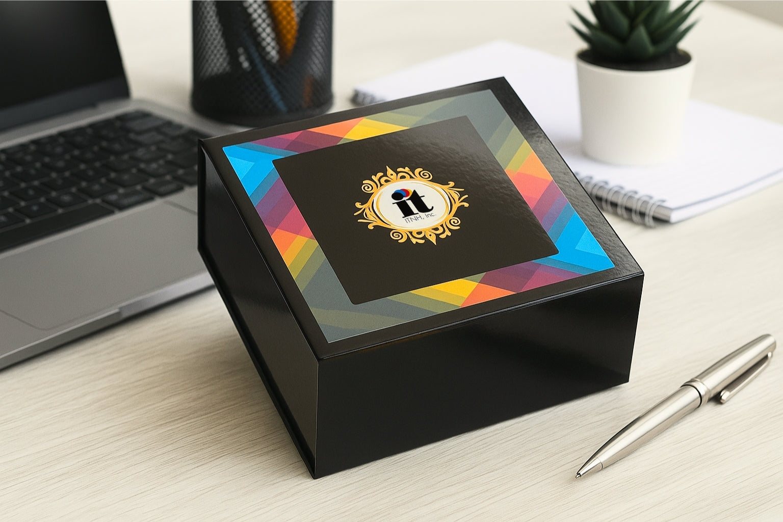 Black magnetic gift box with a full-color printed logo